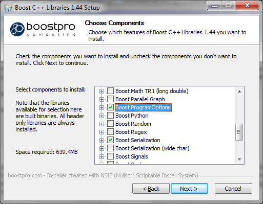 Selecting program_options with the Boostpro.com installer