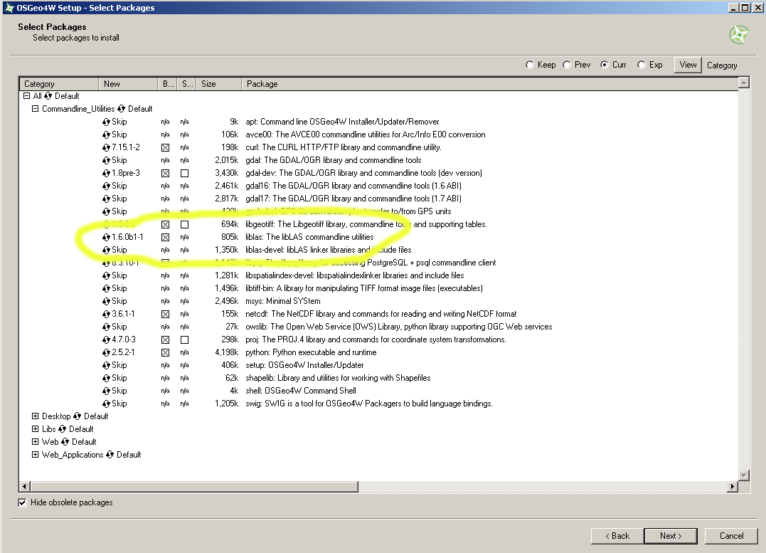 Selecting libLAS to install from the "Advanced" list tree